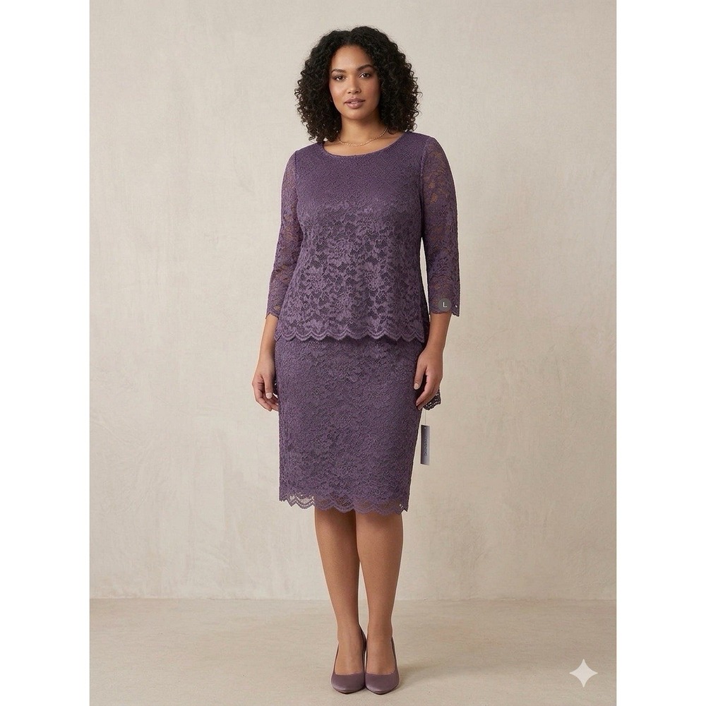 Alex Evenings Purple Lace Dress Mother Of Bride 14 Large Layered Sheath Midi